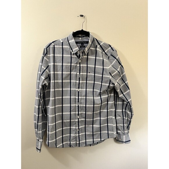 Tommy Hilfiger Shirt Men’s Small, Plaid Gray White Navy Custom Fit Striped - Picture 1 of 4